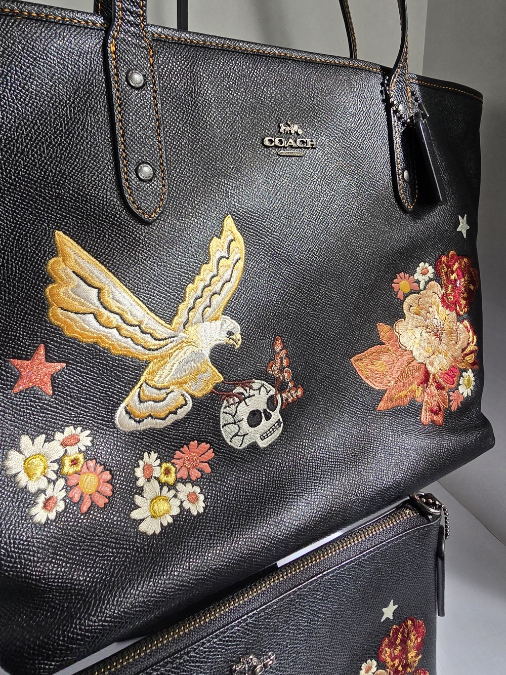 COACH Black Tattoo Embroidered Tote Floral Eagle Skull Tote Matching Wristlet
